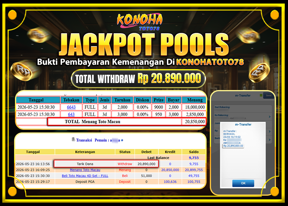 KONOHATOTO78 JACKPOT TOGEL PASARAN TOTOMACAU Rp.20.890.000 LUNAS